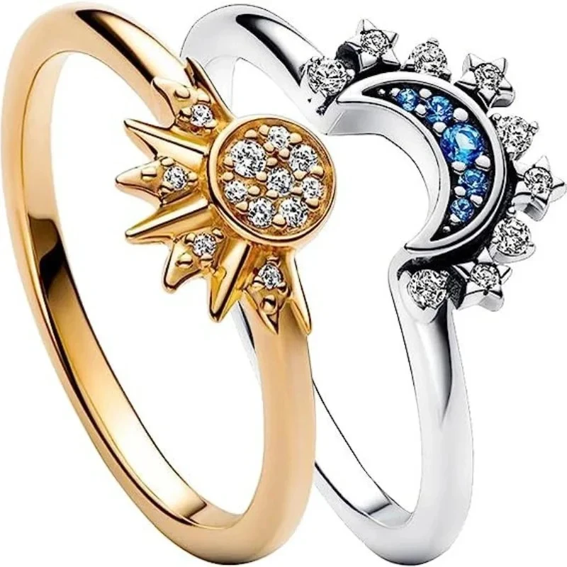 2PCS Set Gold Color Sun Blue Sparkling Moon Ring For Men Women Star Couple Ring Silver Color Crystal Stone Engage Ring For Love