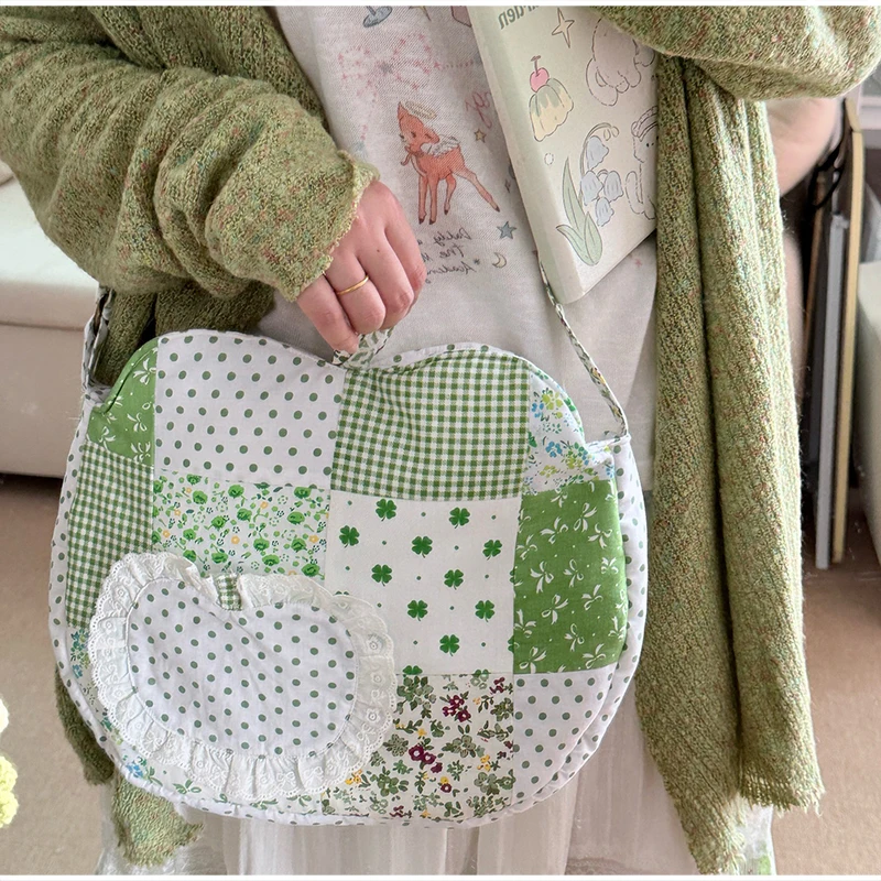 Patchwork-Stoff-Umhängetasche, Apfelförmige Handtasche mit Blumen- und Punktmuster für Damen, Mädchen, Studenten, Cottagecore, süße Handtasche – Detail 9