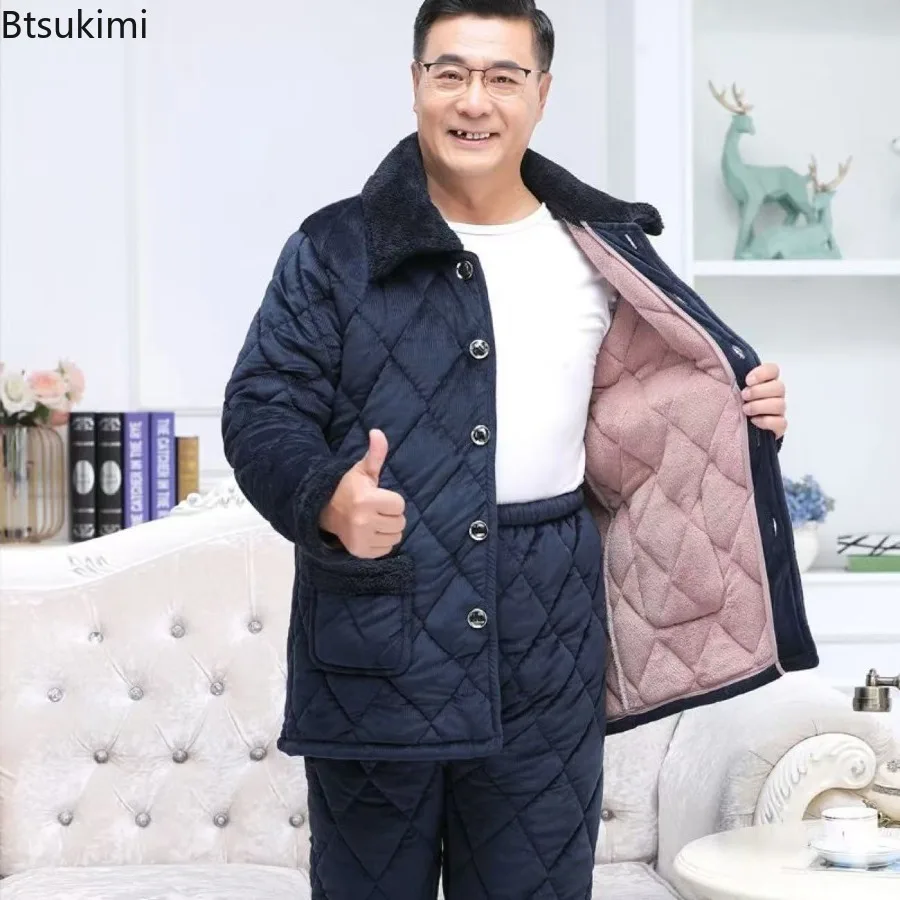 

New Men's Flannel Pajama Sets Winter Warm Lounge Home Clothes 2-Pieces High-quality Coral Fleece Three-Layer Thicken Sleepwears