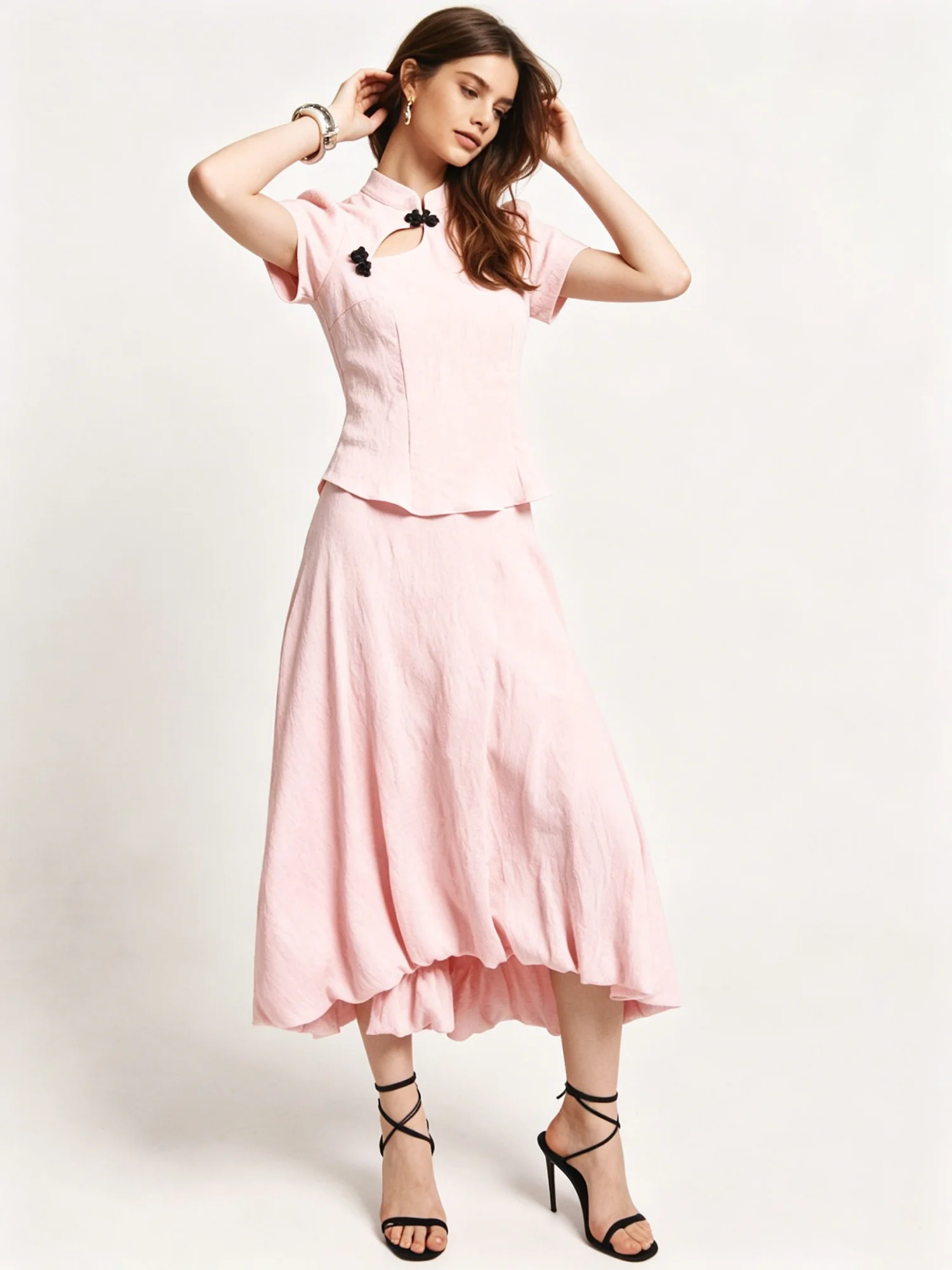 LIMO Pink Cheongsam Collar 2 Piece Outfit Hollow Neck Blouse Flowy Midi Skirt Women Suit view 4