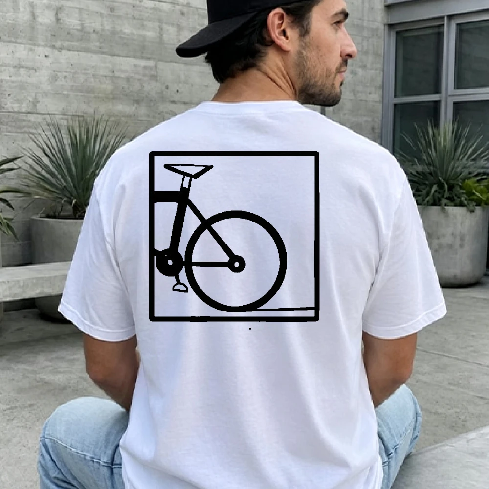 Minimal Fixed Gear Bike Square Print T-Shirt, Abstract Single Line Bicycle Graphic Tee Back Print Cotton Shirt Gift for Cyclists
