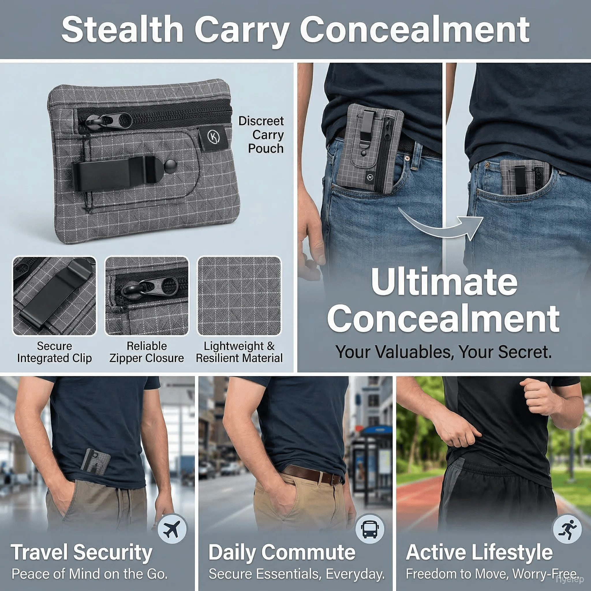 RFID Blocking Hidden Wallet Travel Pouch Mini Money Bag Storage Organizer with Belt Clip for Cash Coins