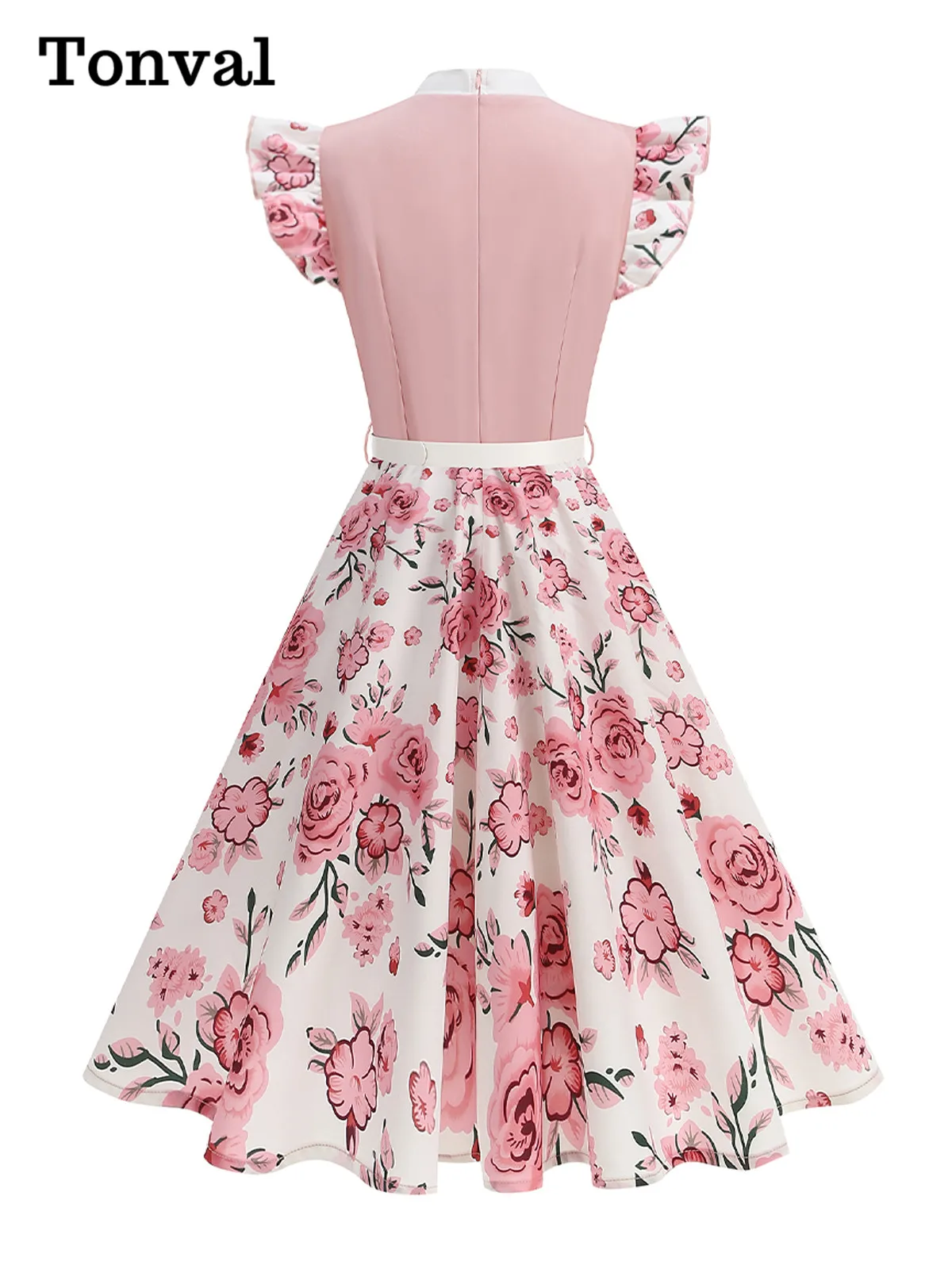 Tonval Bow Details Mock Neck 50s Retro Clothes Summer Women 2025 Flying Sleeve Floral Vintage Patchwork Elegant A-Line Dresses