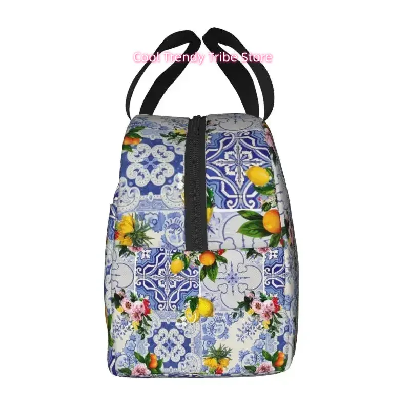 Mediterranean Summer Fruit Lemons Tiles Lunch | Portable Cooler Thermal Insulated Lunch Box for School Storage Bento Box, Oxford