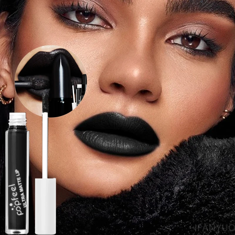 Punk Matte Black Liquid Lipstick Waterproof Long Lasting Party Lip Gloss Personality Velvet Nude Lip Tint Halloween Lips Makeup