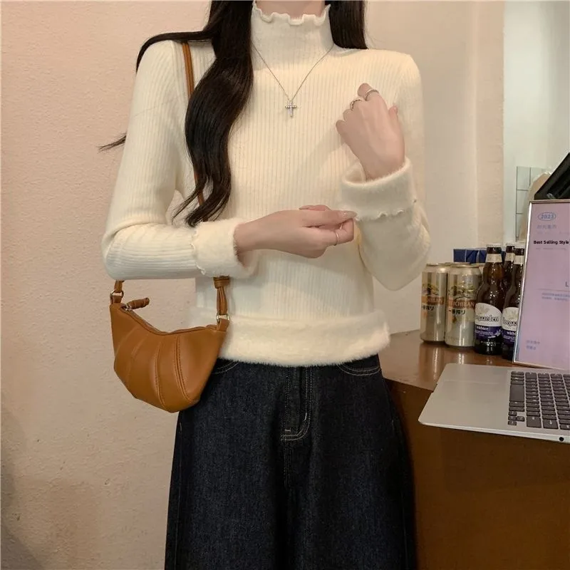 

Thickened Fleece Warmth Slim Fit Knitted Sweater Inner Wear Pure Color Autumn Winter New Style Simple Design Versatile Top