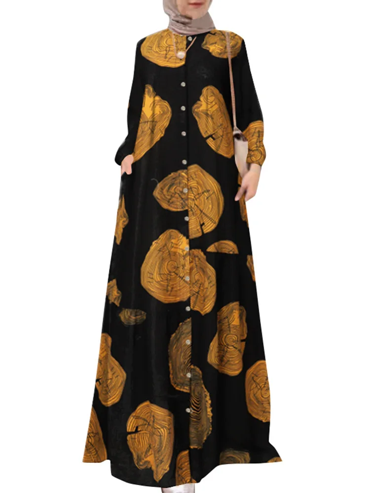 Abaya Kaftan Dress for Women, Cotton Hemp Print Robe, Muslim, Retro Long Sleeve, Islam Kaftan, Europe and America