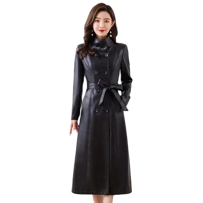 Leather Trench Coat For Women X-Long Windbreaker Double-Breasted Belt Slim Outerwear Ladies Coats Large Size M-7XL Spring Autumn