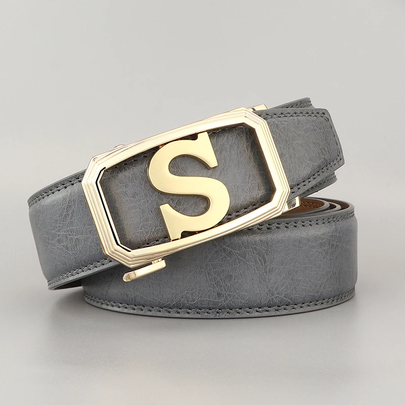 Cowboy Letter S Automatic Buckle Designer Belts Men Genuine Leather Fancy Light Gray Luxury Brand Casual Young Ceinture Homme