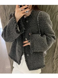 Wool Blends Autumn Quilted Grey Fringed Jacket Jaqueta Feminina Long Sleeve Tailored Coat Women's Clothing Chaqueta Mujer