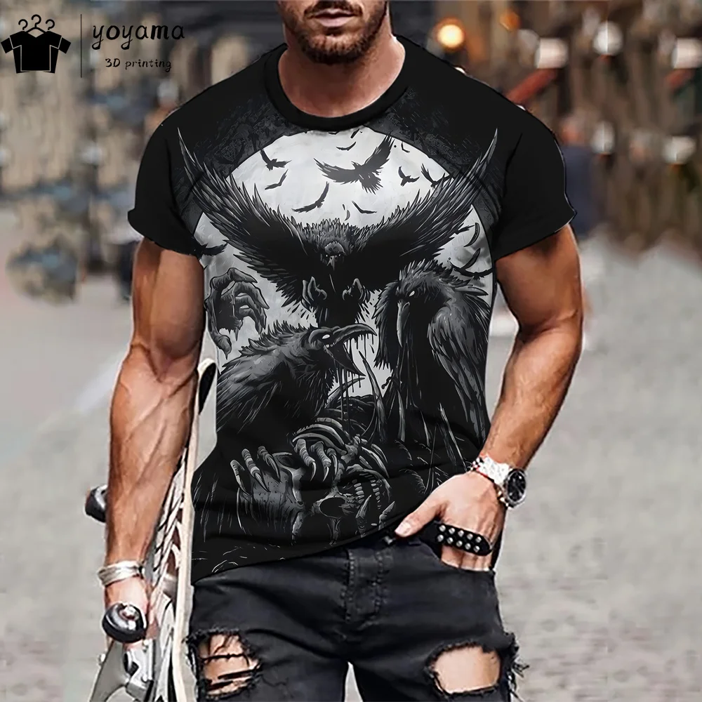 Gothic Crow Print Men's Clothing Fashion 3D T shirt Men Crow Graphic T shirts O-Neck Pullover T-shirts for Men Short Sleeve Tee