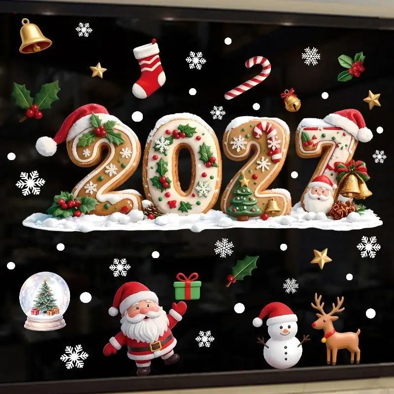 2027 Christmas Window Clings Santa Sleigh Reindeer Gingerbread Snowman Snowflake Stickers Mall Shop Window Glass Holiday Decor
