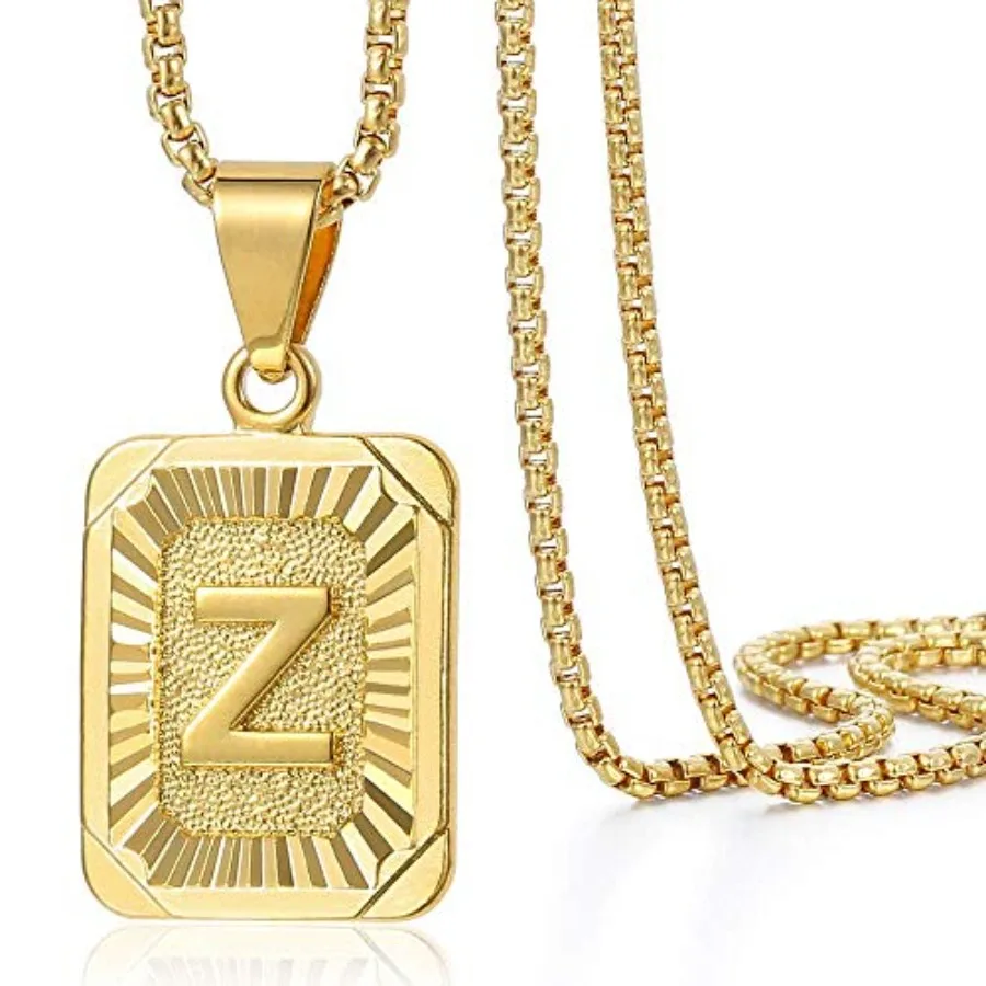 

Initial Letter Pendant Necklace for Men Women, 14K Gold Plated Square Capital Monogram Necklace Alphabets from A-Z Figaro Chain Jewelry