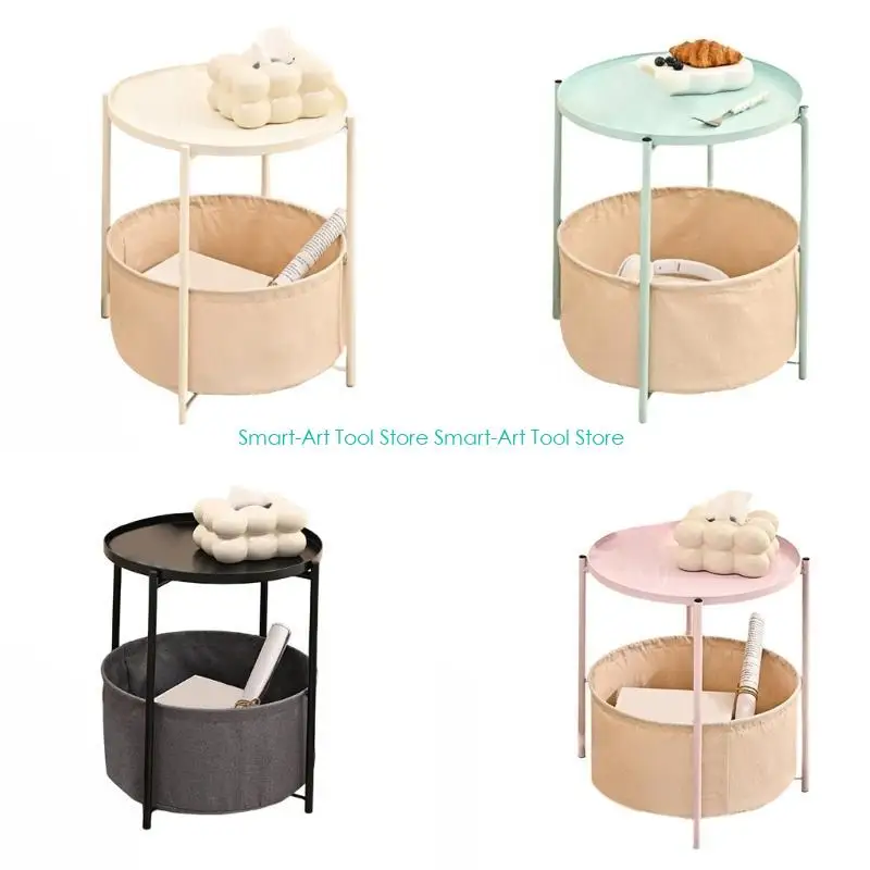 E1PB Contemporary Round Side Table with Unique Fabric Basket, Metal Nightstand for Living Spaces Bedroom Accent Space Saving