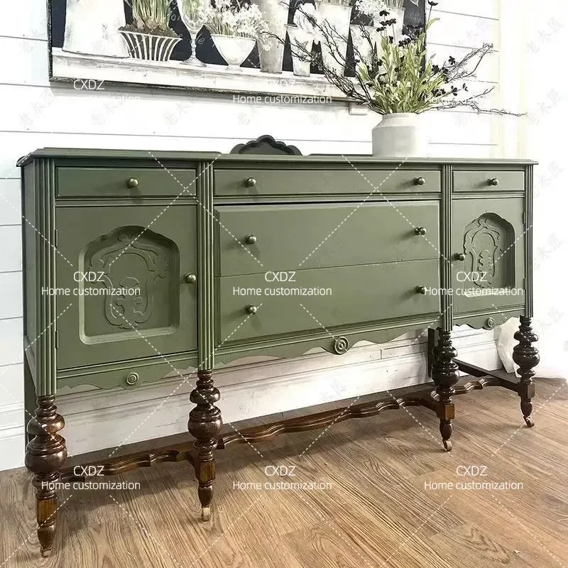 Solid Wood Dining Side Cabinet Retro Green Engraved Entrance Living Room Decorative Storage Cabinet Wine Display Shelf