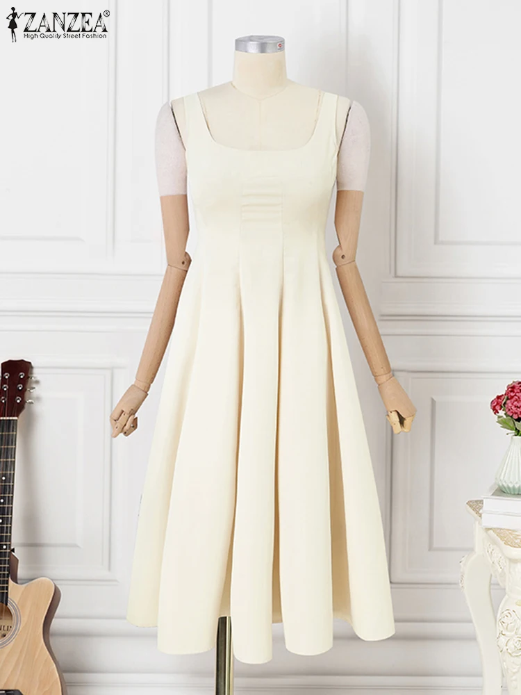 ZANZEA Damska sukienka bez rękawów Vintage Solid A-line Dresses 2024 Summer Holiday Waisted Robe Casual Square Collar Midi Robe