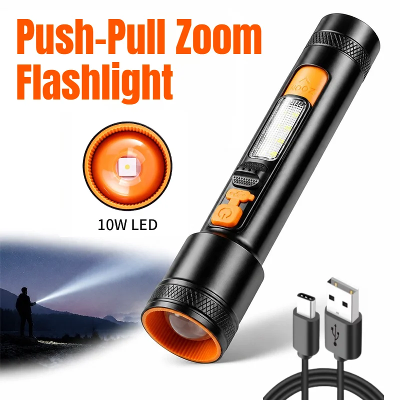 Multifunctional 30W High Power Flashlight LED Side Light Illumination Push-Pull Zoom Torch with Power Reminder for Outdoor Use