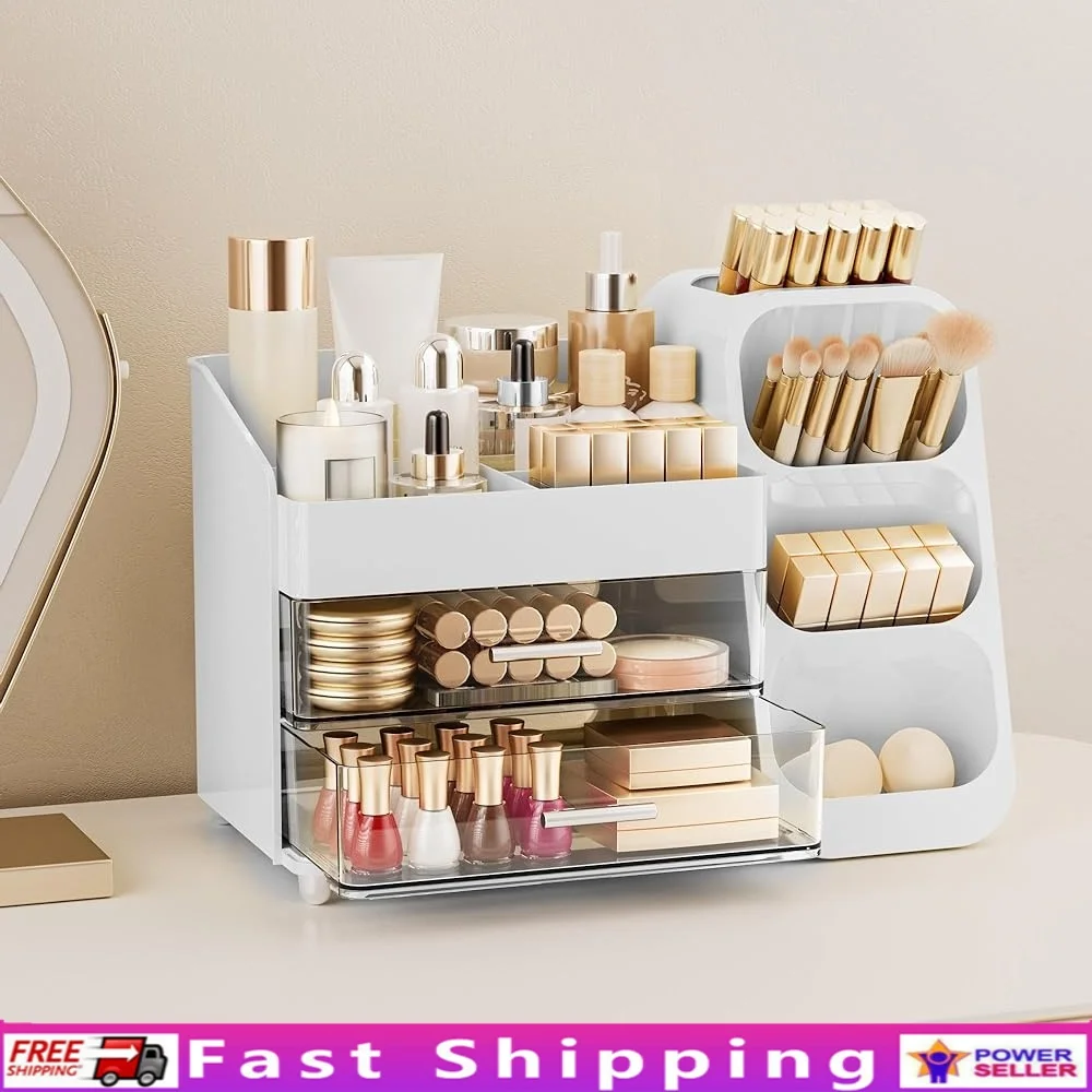 

Spacious Makeup Organizer with Drawers and Brush Holders Cosmetic Storage Vanity Display Case Bathroom Essentials
