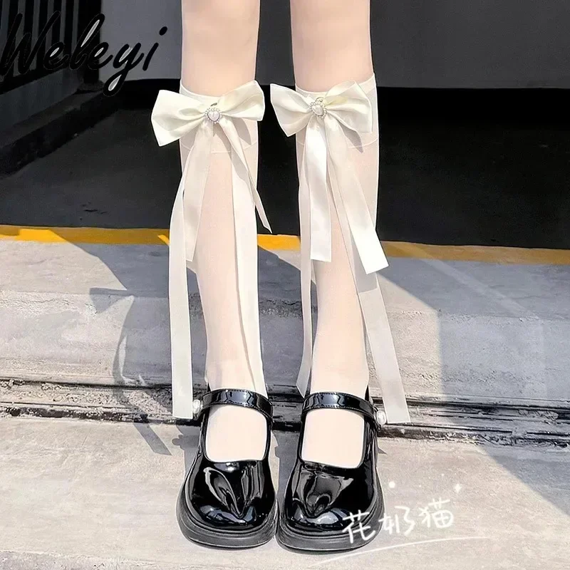 

Y2K Sweet Accessories Lolita Jiri Kei Big Bow Pearl White Silk Calf Socks Summer New Cute Transparent Thin Half Socks for Women