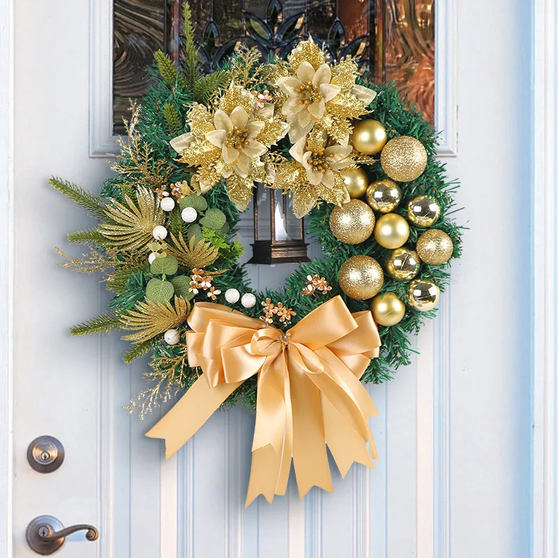 2024 Gold Ball Flower Christmas Wreath Garland with Light for Front Door Xmas Tree Pine Rattan Wreath Hanging Ornament New Year