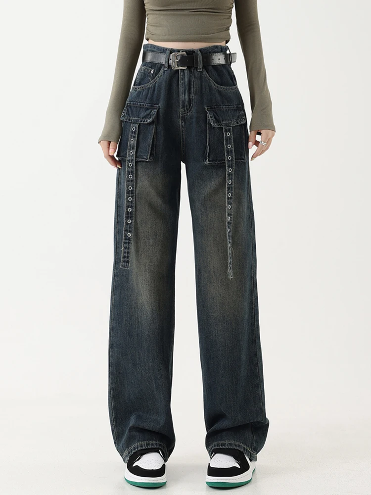High Street Dark Blue Vintage Designer Jeans Women 2023 New High Waist Wide Leg Straight Denim Trousers Female Harajuku Pants