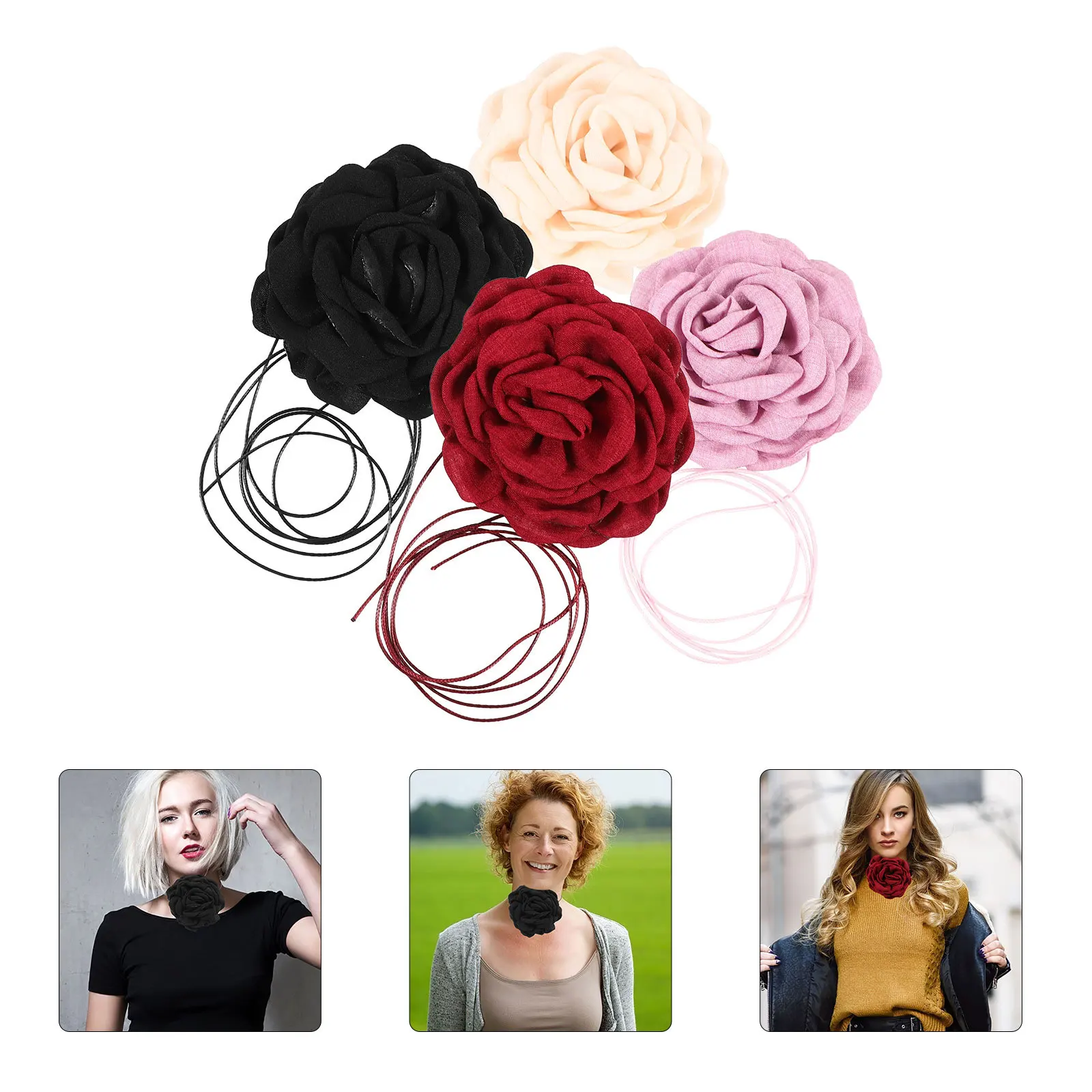 

4pcs Flower Choker Necklace Choker Necklace Adjustable Fabric Rose Floral Neck Chain For Women Party Jewelry Gift