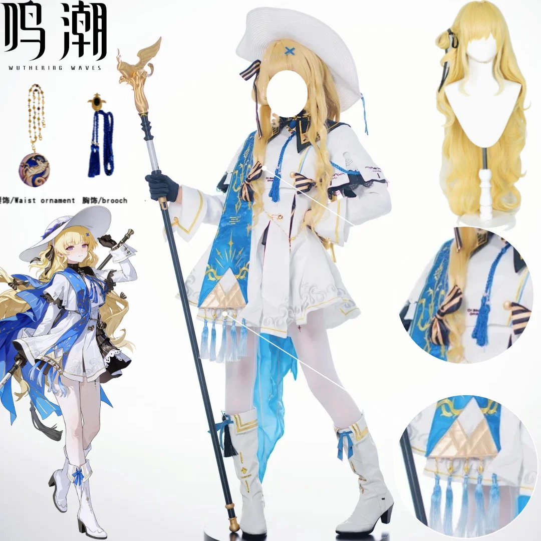 

Phoebe Cosplay Full Set Wuthering Phoebe Church Cleric White Blue Gold Dress Wig Hat Sash for Women Halloween Party Comic Con