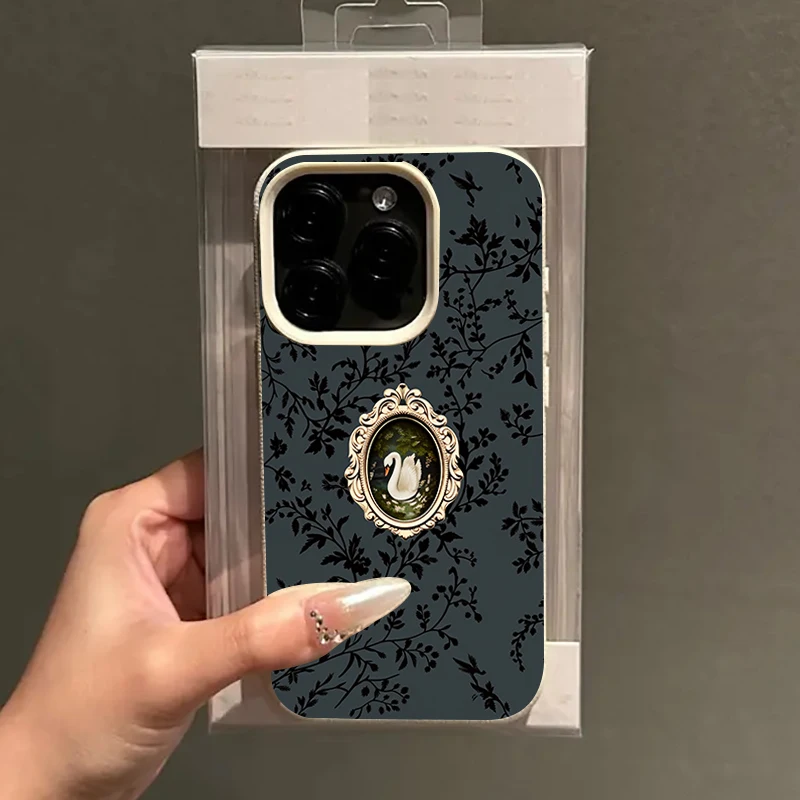 Black Branch Swan Retro Frame Pattern Phone Case For iPhone 15 Plus XR 17 16 15 14 13 12 11 Pro Max 16 Silicone Matte Soft Cover