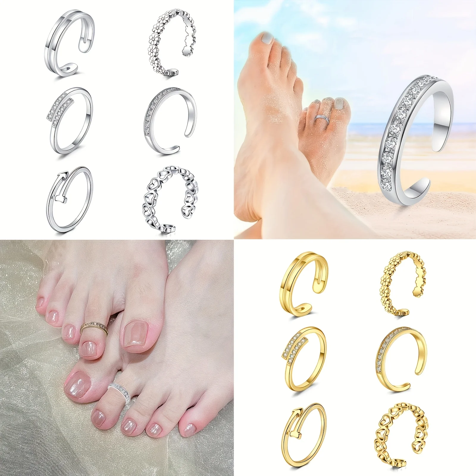 6pcs Adjustable Stainless Steel Toe Rings Set, Simple Stylish Comfortable Foot Jewelry, Essential Accessories for Summer Beach