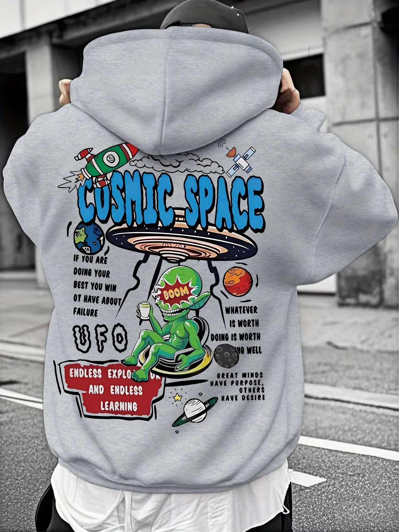 Men Outer Space Graphic Hoodie Vintage Cosmic Space Alien UFO Doodle Back Print Hooded Sweatshirt Loose Fleece Hoodie
