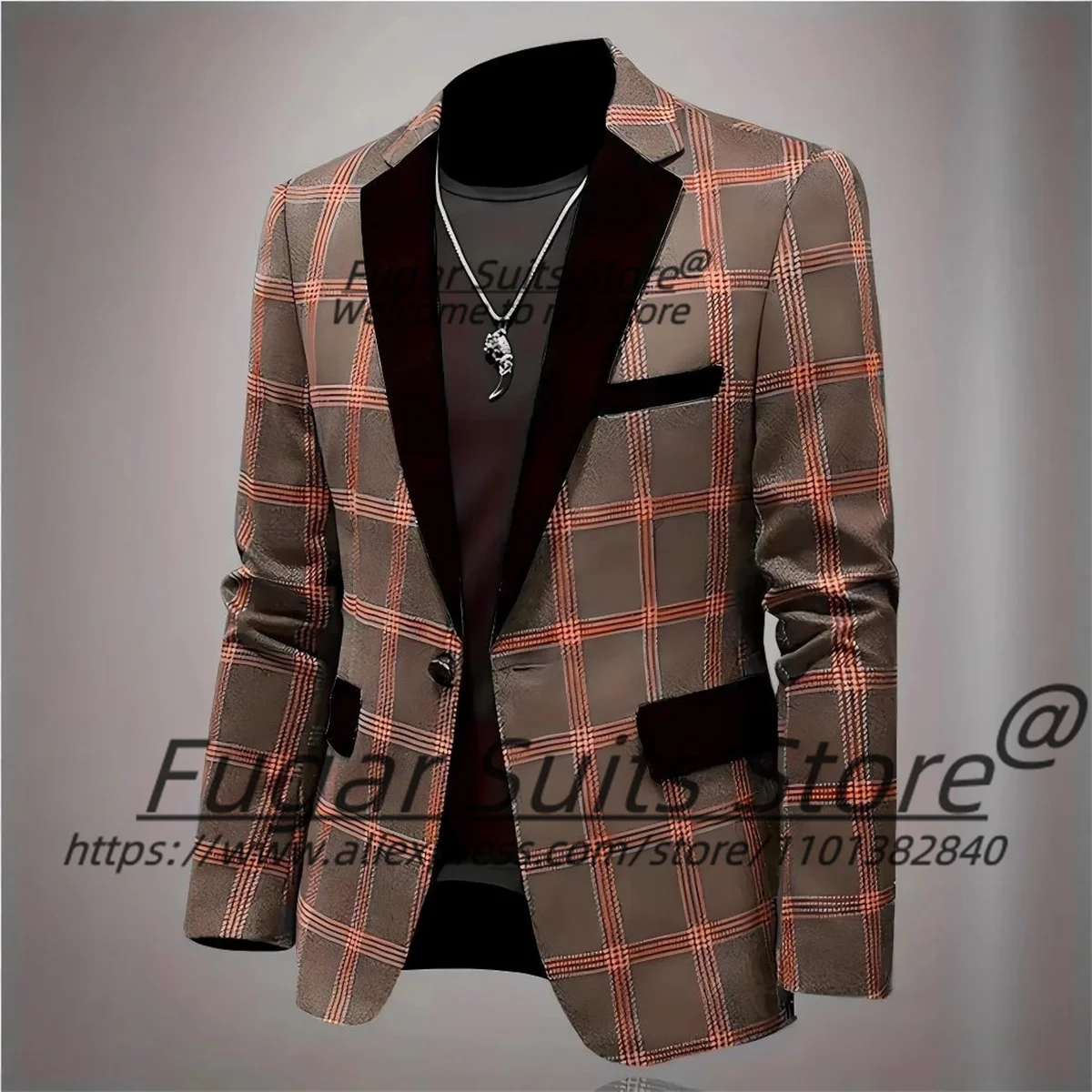 

Handsome High-qublity Plaid Men Suits Male Prom Blazers Customized Slim Fit Notched Lapel Groom Wedding Tuxedos 2 Pieces Sets