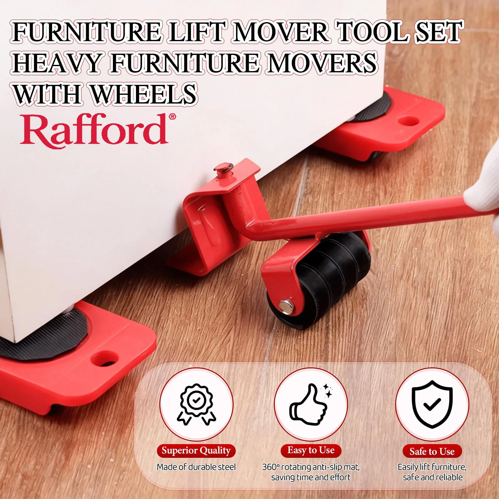

Rafford Furniture Moving Tool Set — Includes an Adjustable Lifting Lever and 4 Rollers; Suitable for Moving Heavy Furniture