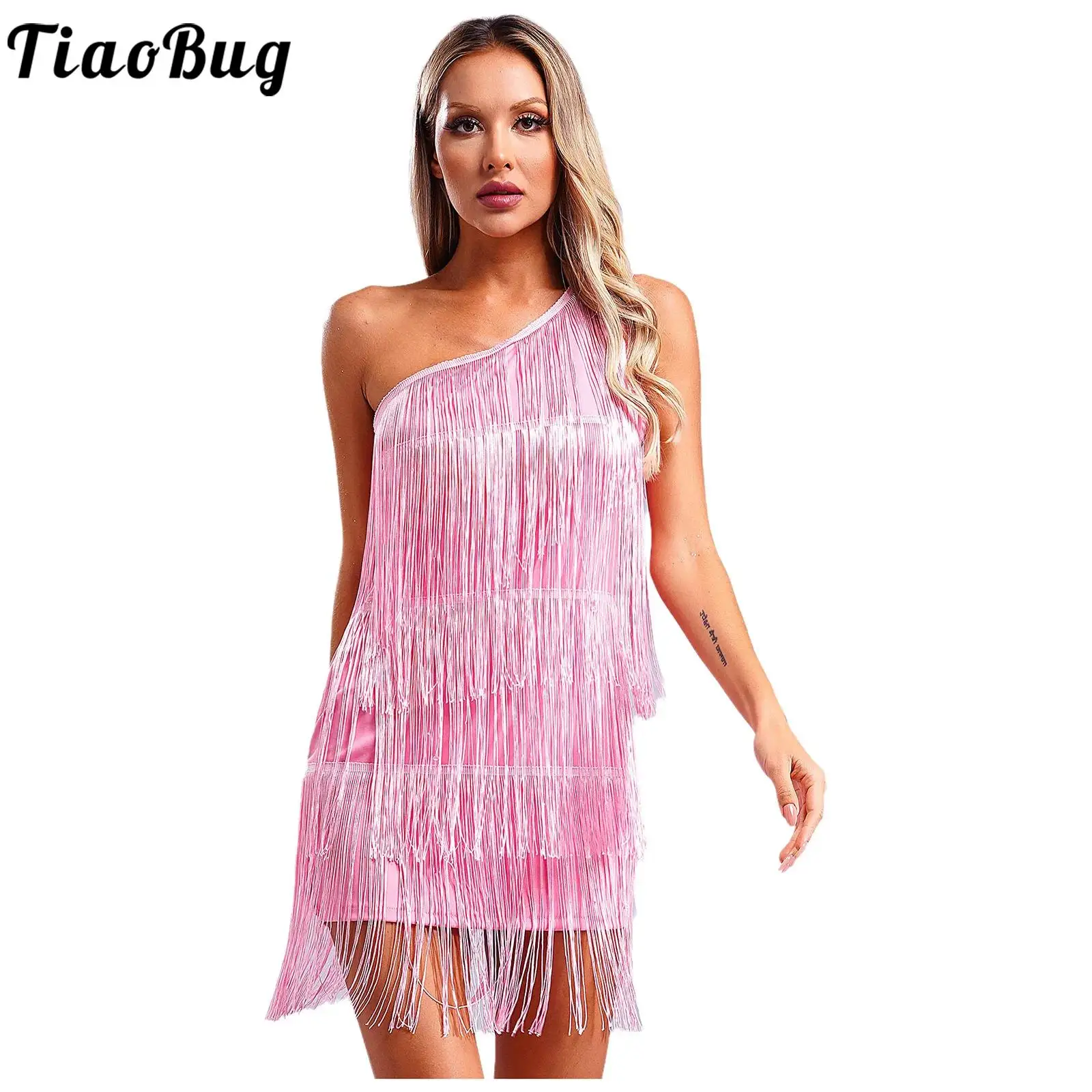 Women Fashion Tiered Tassel Dress Latin Jazz Salsa Dance Shiny One Shoulder Fringed Dress for Cocktail Birthday Party Pageant