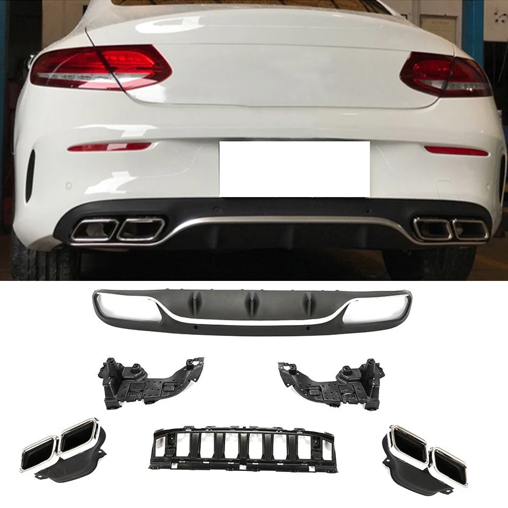Car Rear Bumper Diffuser Lip for Mercedes-Benz W205 C205 Coupe 2 Door C200 C300 C43 AMG 2014-2019 Diffuser With Exhaust Tips