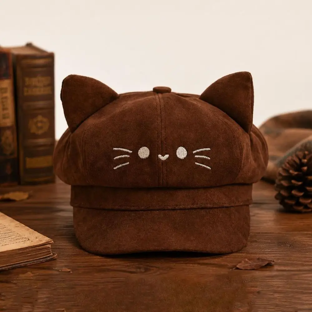 Casual Embroidery Embroidered Cat Ears Beret Y2K Spice Girl Painter Artist Cap Lollita Cute Octagonal Hat Travel
