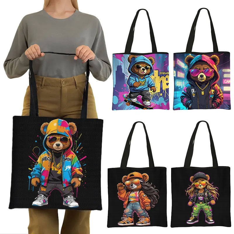 Cute Graffiti Female Bear Doll Print Storage Bag Women Reuseable Grocery Bag Ladies Eco Shopping Bags Clothes Organizer Gift