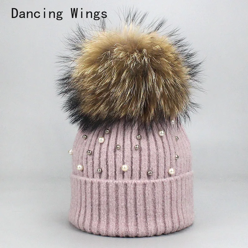 

Women Hat Winter Beaded Wool Knitted Beanies Fashion Warm Casual Hats With Natural Raccoon Fur Pompom Cap Female