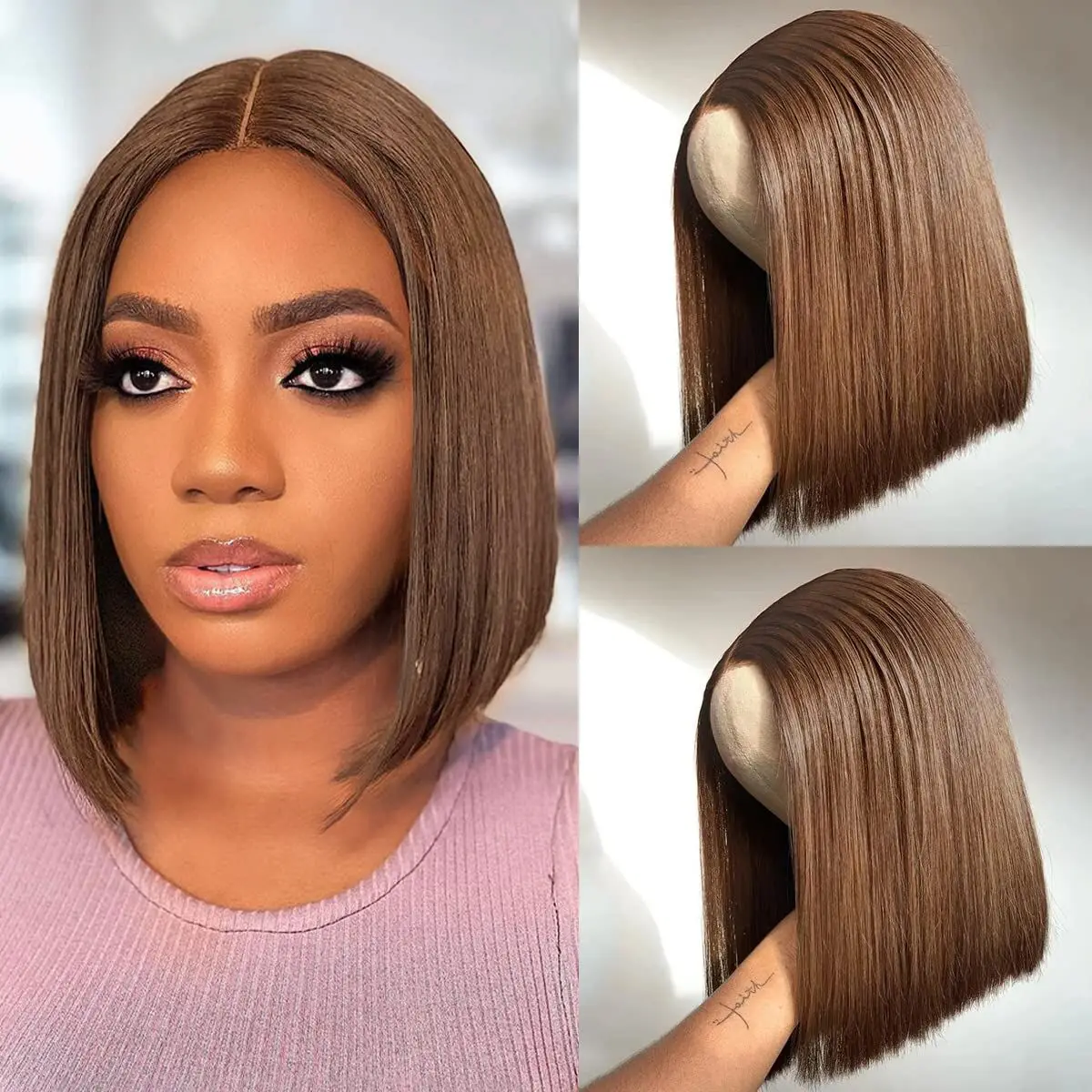 

Wear And Go Chocolate Brown Straight Wig Lace Front Human Hair Wigs Glueless Bob Wigs PreCut PrePlucked Colored Wigs ISEE Hair