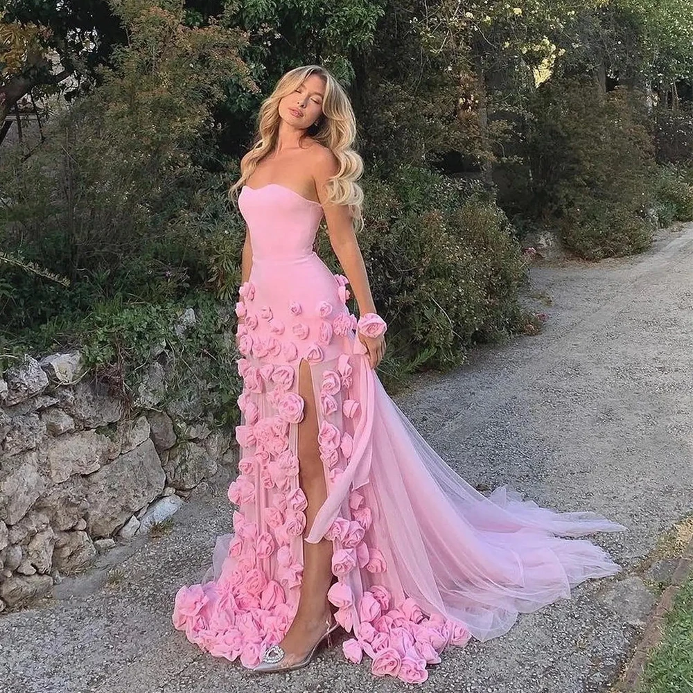 Flechazo Jersey and Tulle Floral Evening Dress Sweetheart Strapless Mermaid Floor Length Pink Handmade Flowers Party Gowns