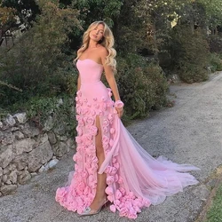 Flechazo Jersey and Tulle Floral Evening Dress Sweetheart Strapless Mermaid Floor Length Pink Handmade Flowers Party Gowns