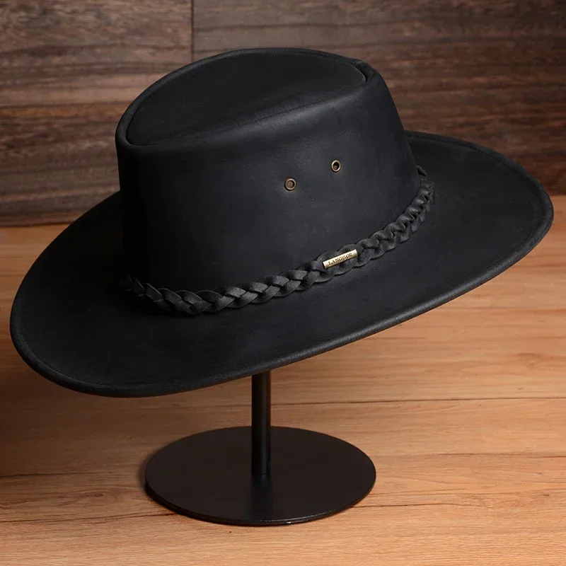 Leather Genuine Retro Cowboy Mens Western Denim Real Cowhide Knight\'s Cap Hats for Men Color Black Brown