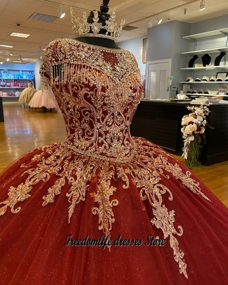 Elegant เม็กซิกัน Vestidos De XV ปีเลื่อม Quinceanera ชุด2022กับพู่ Applique หวาน16 Quince พรหม Gowns