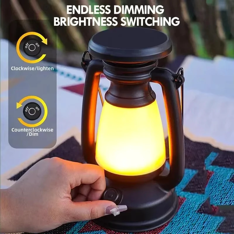 Solar Camping Lamp USB Rechargeable Outdoor Hanging Tent Lantern Stepless Dimming Bar Light Table Portable Retro Horse Light