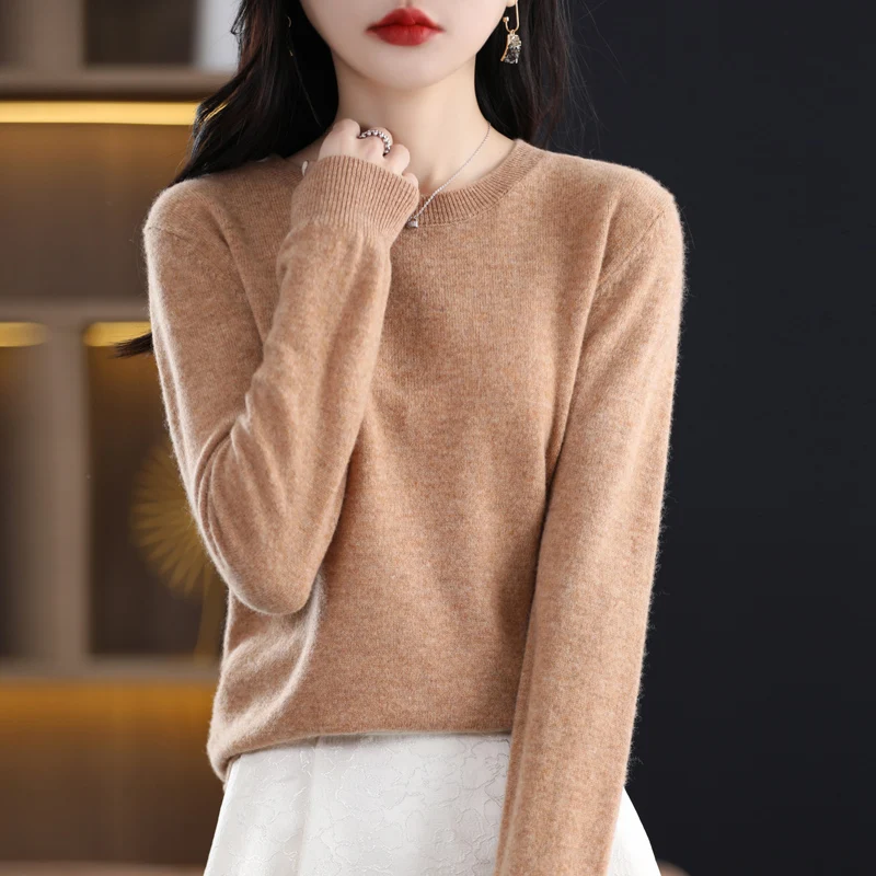 Women\'s Fine Round Neck Cashmere Knitted Comfortable Sweater 100% Pure Wool Merino Winter Fashion V-Neck Top Autumn Warm Pullove