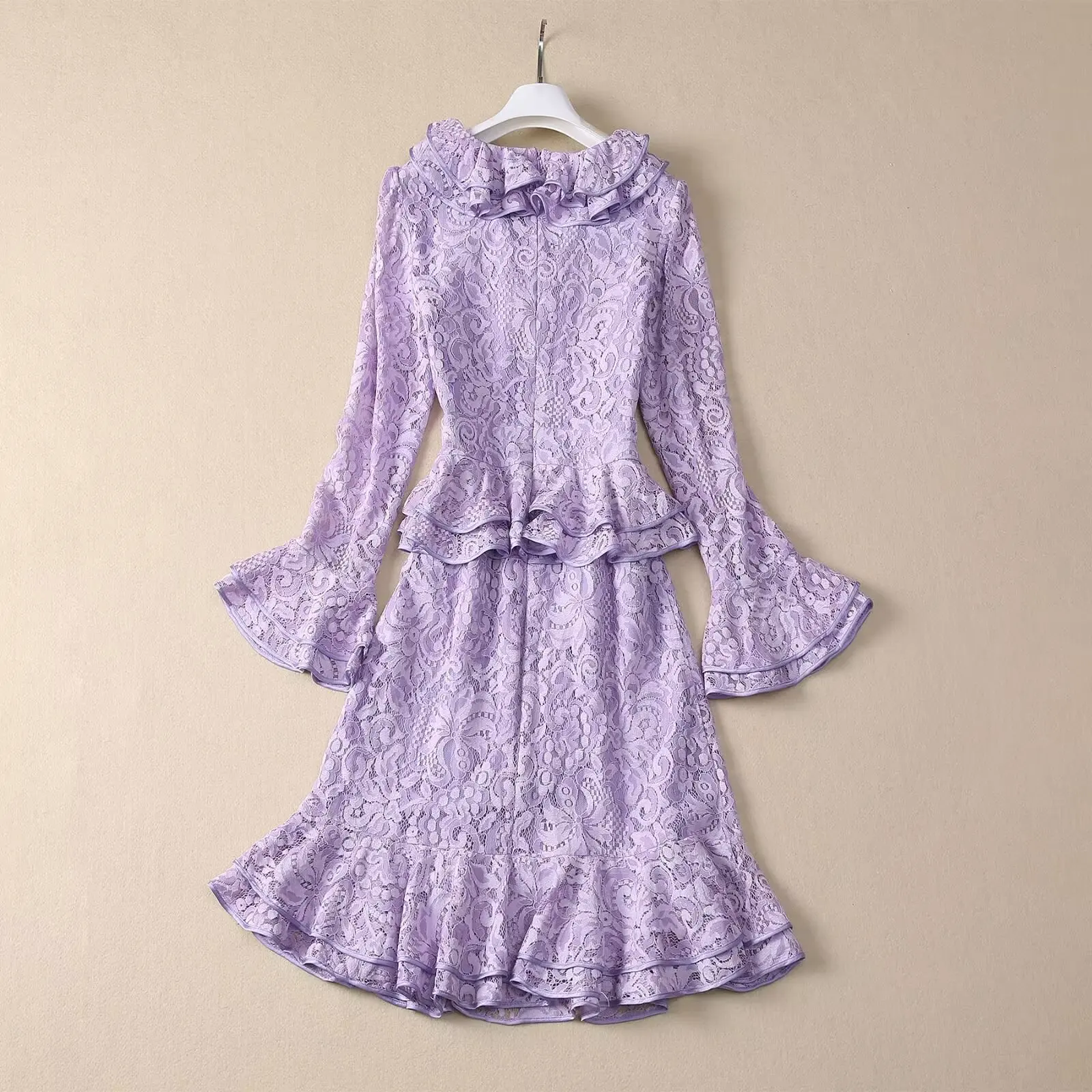 SEQINYY Light Purple Dress Kneed V-Neck Ruffles Summer Spring New Fashion Design Women Runway Lace High Street Party Elegant