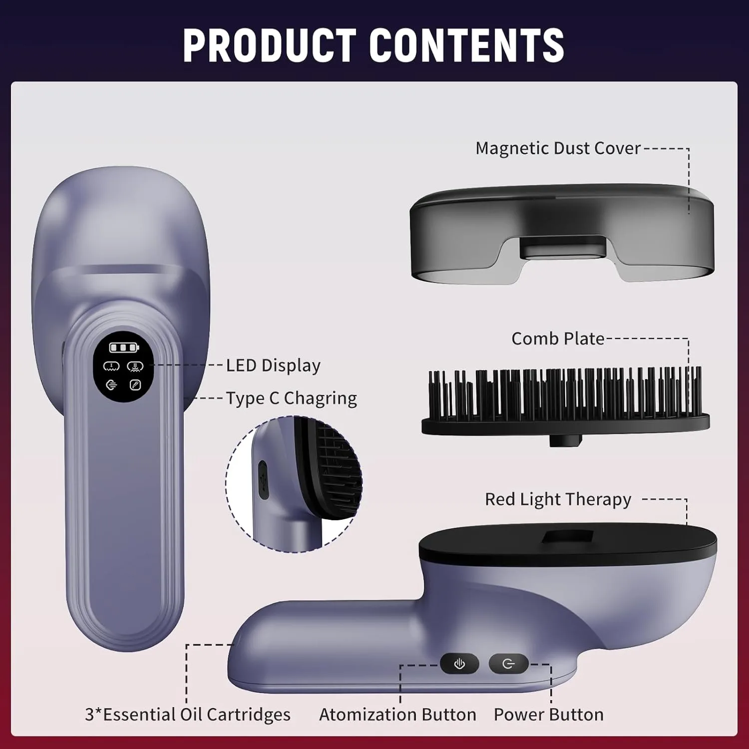 New 360° Kneading Massage Comb Red Light Head Massager 167*Massage Bristles 2 Level 3*Cartridges Atomization Vibration Hair Care