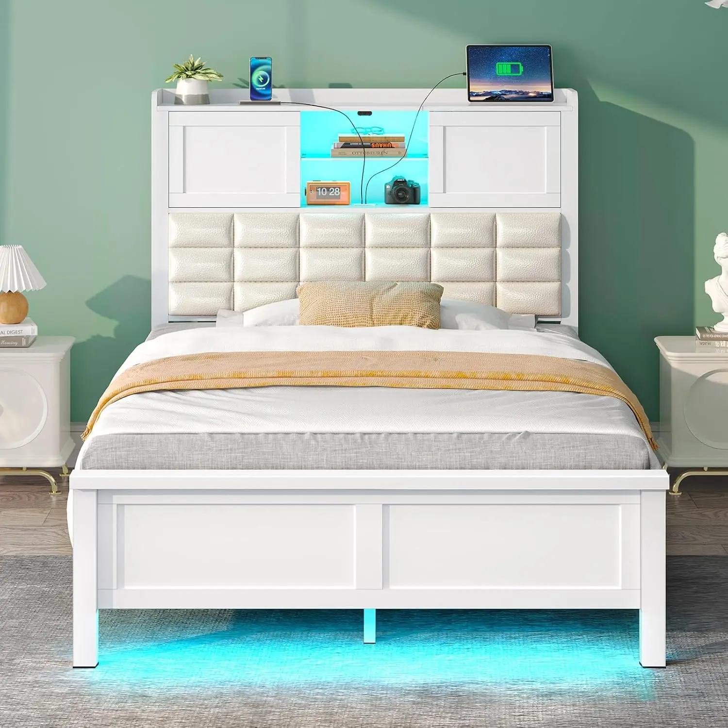 Bed Frame Twin Size with Charging Station, Bookcase Headboard Bed with LED Light and Sliding Doors, Platform Bed with