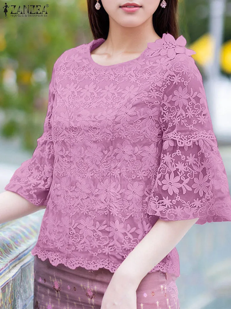 ZANZEA Womens Elegant Floral Embroidered Tulle Blouses Fashion O-Neck 3/4 Sleeve Flower Detail Blusas Mujer Patchwork Tunic Tops