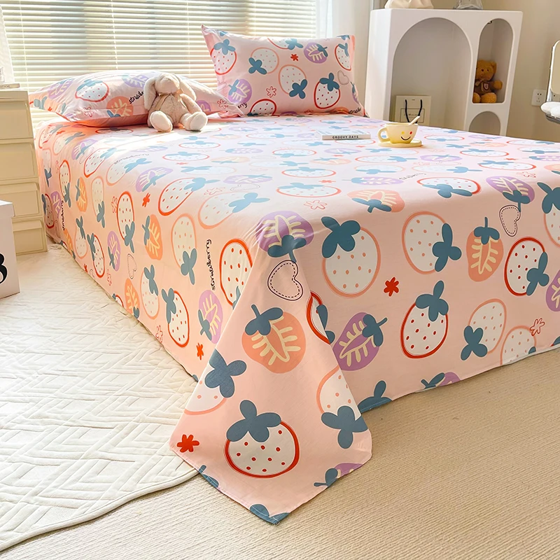 Kawaii Strawberry Flat Sheet with 2 Pillowcases Girls Cotton Pink Bed Sheet Set Queen Size Farmhouse Style Cute Fruit Bed Cover