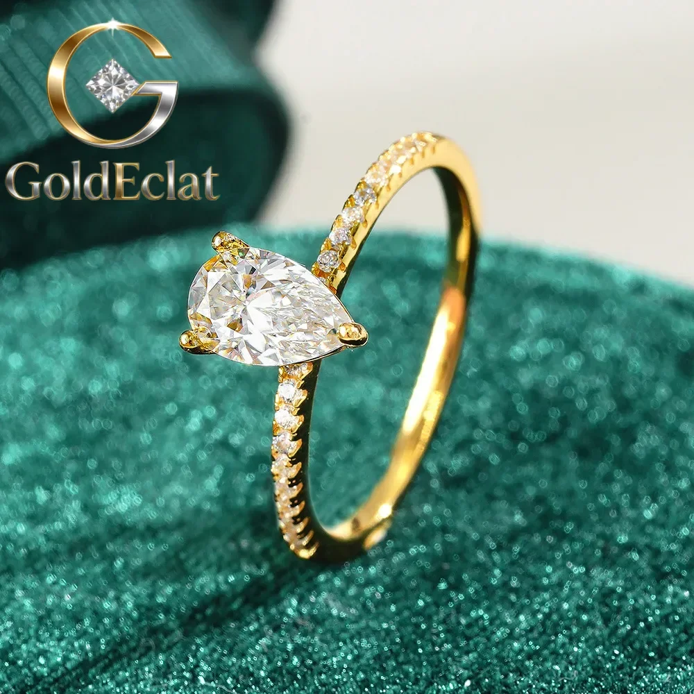 

GoldEclat Luxury 100% Real 18k Gold Ring Women's Drops Set Ring Pear-Shaped Moissanite Diamond Ring